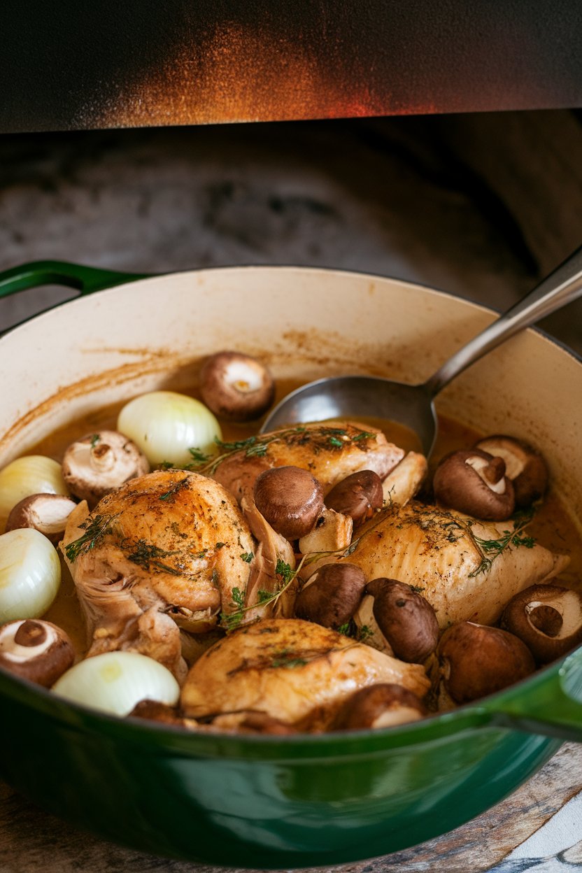 Indoor Dutch oven of white-wine-braised chicken with pearl onions and mushrooms, ladle resting nearby. No logos.