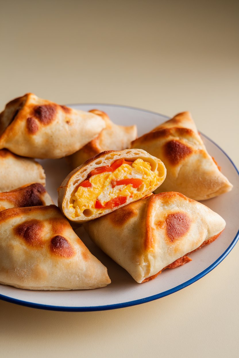 Indoor plate featuring mini pizza-dough calzones with a golden crust, one cut to reveal scrambled eggs, peppers, and cheese, no logos.