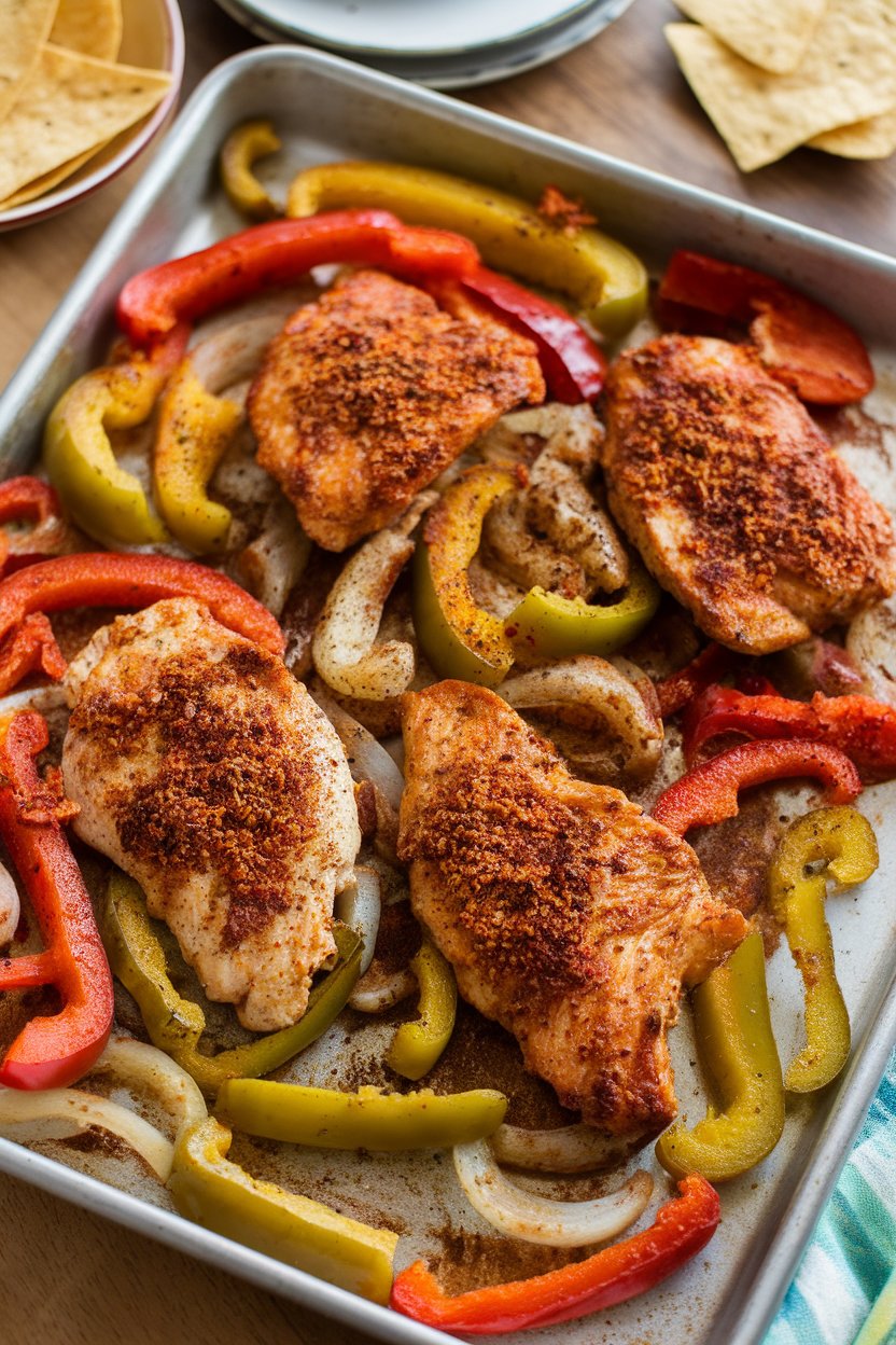 An indoor kitchen table showing a sheet pan of cooked chicken strips, bell peppers, and onions seasoned fajita-style; no text or logos. Photo only.