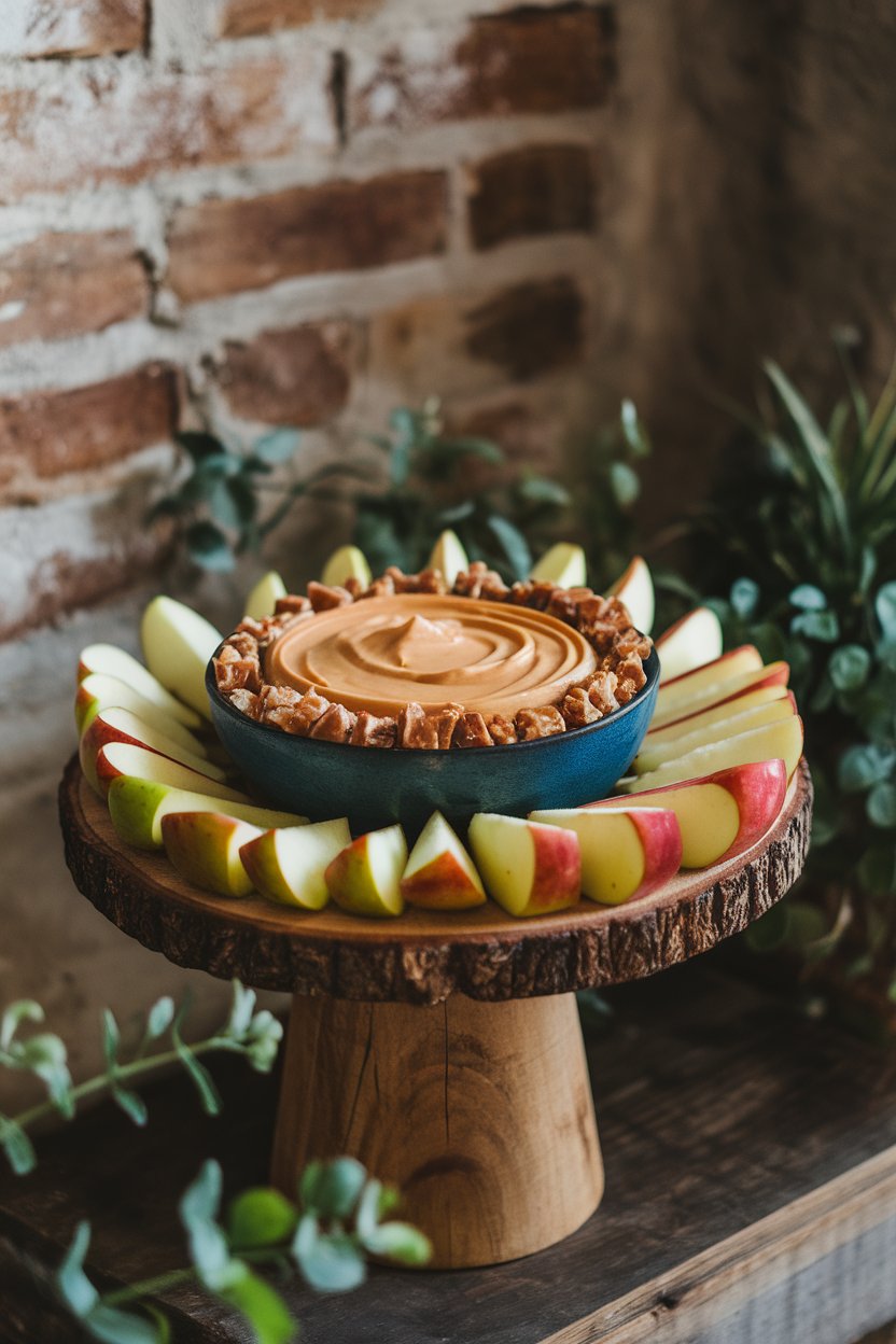 Indoor serving board with a bowl of creamy caramel dip crowned with toffee bits, apple slices arranged around. No text or logos.