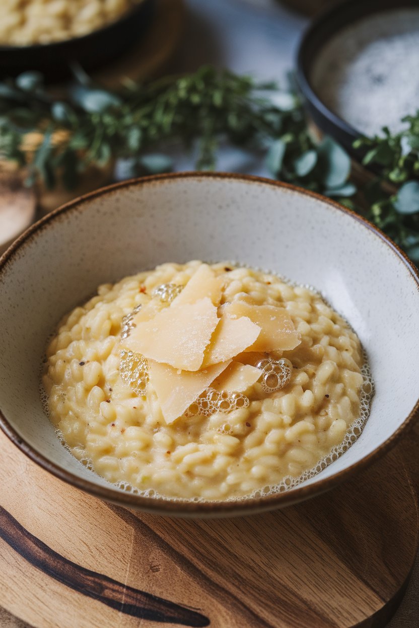 Indoor photo of creamy risotto served in a shallow white bowl with bubbles of Champagne visible on the surface, garnished with Parmesan shards, no text or logos