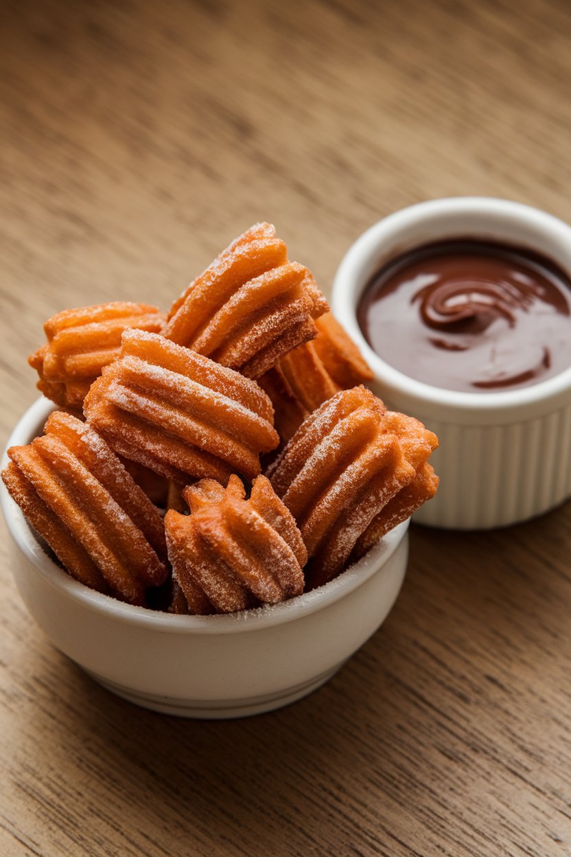 Indoor photo of bite-size churros dusted in cinnamon sugar, served in a small bowl beside warm chocolate sauce. No text or logos present.