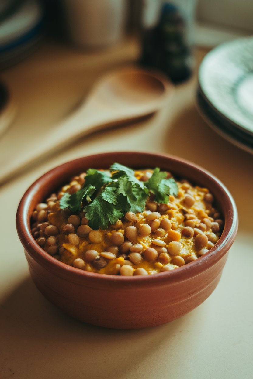 A softly lit indoor countertop showing a terra-cotta bowl of cooked lentils in a golden coconut curry sauce, garnished with cilantro; no text or logos; photo only.