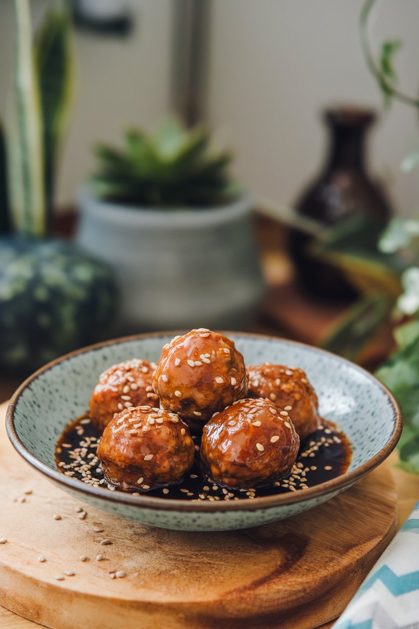 Indoor photo of glazed Asian-style meatballs sprinkled with sesame seeds in a shallow bowl. No text or logos.