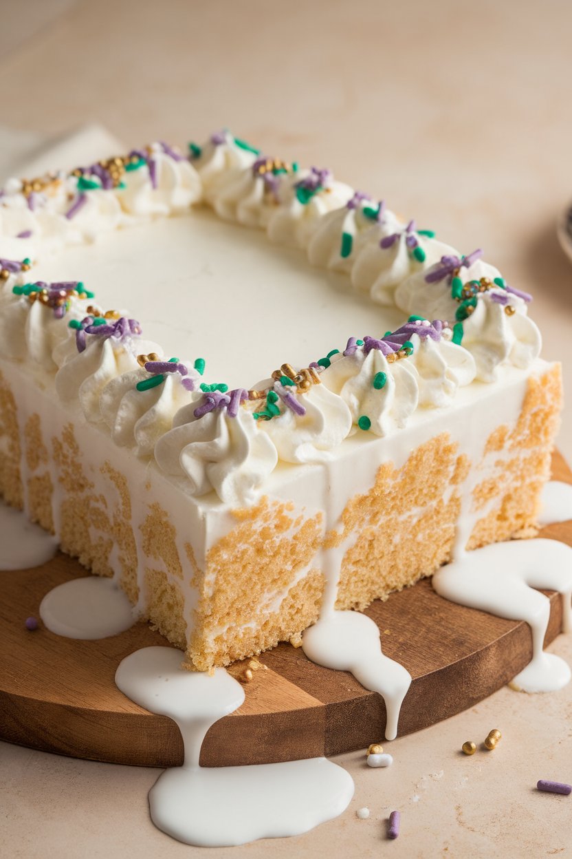 Indoor image of a milk-soaked sheet cake topped with whipped cream and purple, green, and gold sprinkles; no text or logos.
