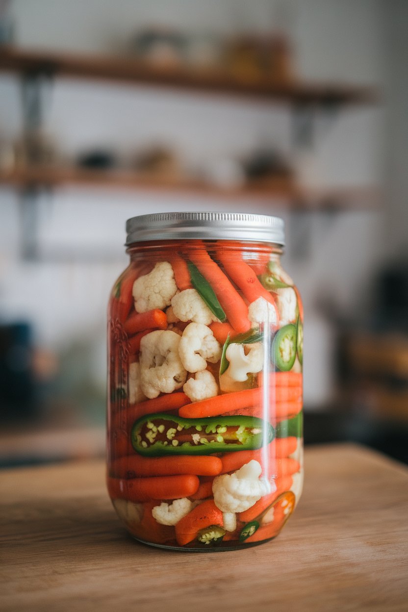 Indoor jar of colorful pickled carrots, cauliflower, and jalapeños, no text or logos