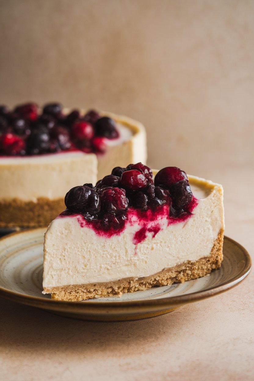 Indoor photo of a creamy cheesecake slice with a slightly crumbly edge, topped with berry compote, on a ceramic plate. No text or logos.