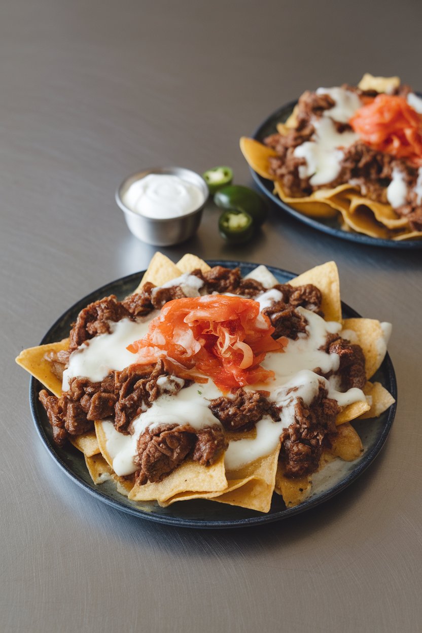 Indoor table showing nachos with bulgogi beef, melted mozzarella, kimchi garnish; no text or logos, photo not illustration.