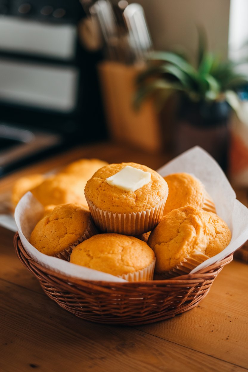 An indoor kitchen table displaying a basket of golden cornbread muffins with pat of butter melting on one. No text or logos. Photo, not illustration.