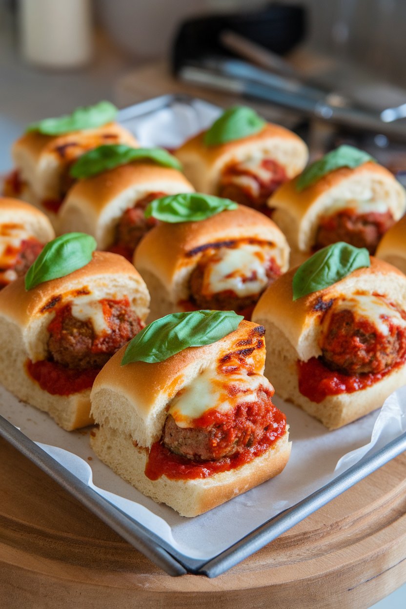 An indoor tray with mini rolls stuffed with marinara-coated meatballs and melted provolone, no logos or text.