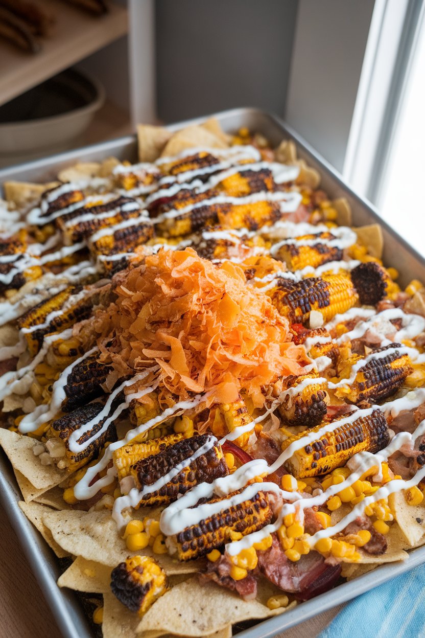 Indoor sheet pan of nachos topped with charred corn, cotija, crema drizzle, and chili powder; no text or logos, photo not illustration.
