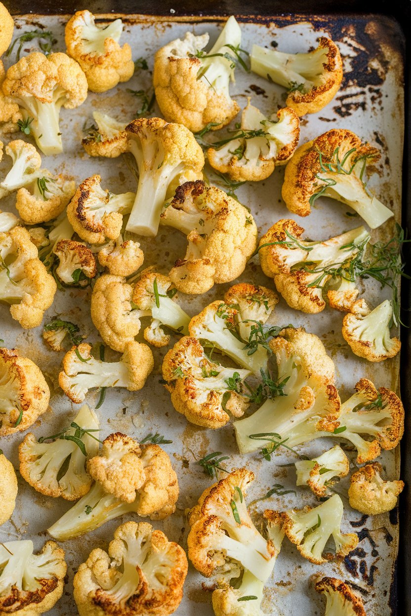 Indoor photo of cauliflower florets coated in Parmesan and herbs, roasted golden on a sheet pan. No text or logos visible.