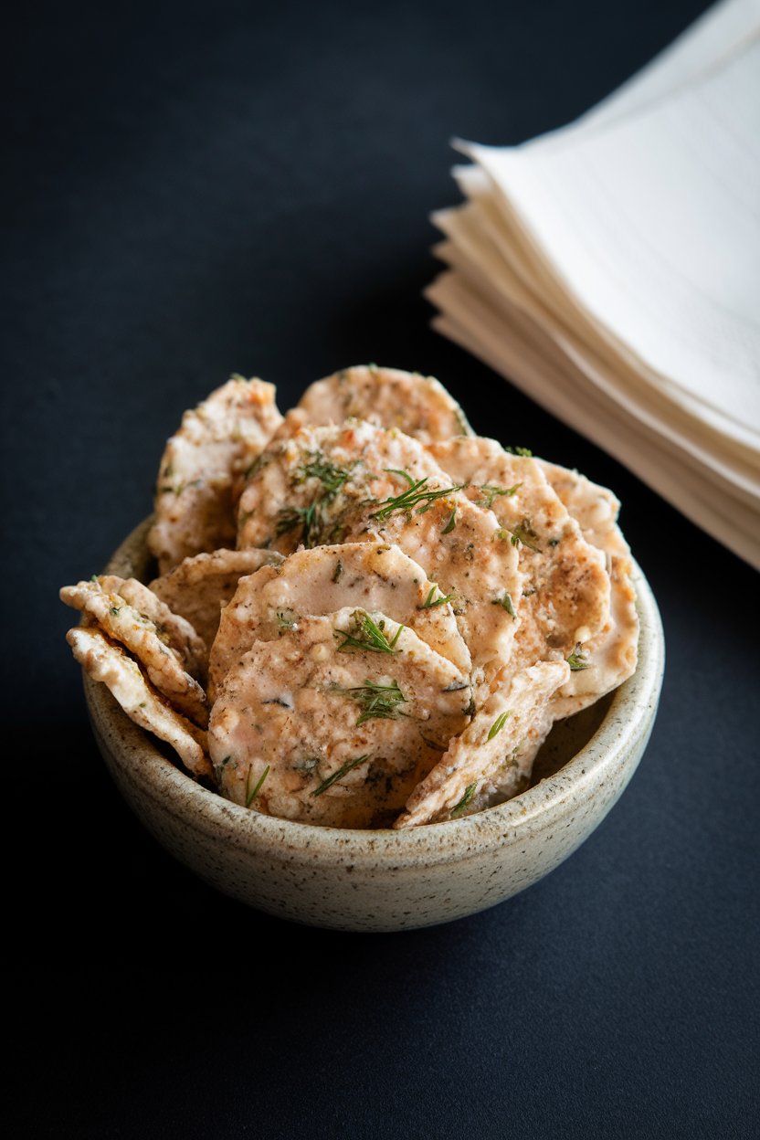 Indoor small bowl of seasoned oyster crackers coated in ranch spices and dill, set by a stack of napkins. No logos or text.