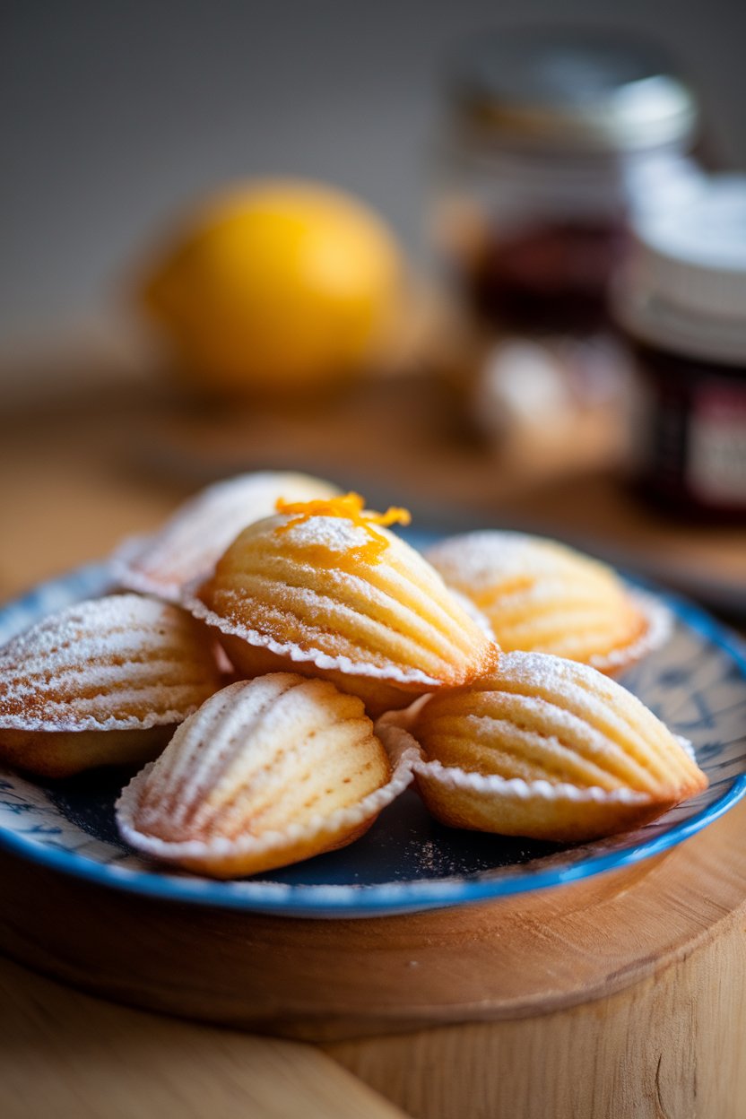 An indoor plate of shell-shaped madeleines dusted with powdered sugar, hint of orange zest visible. Photo, no text or logos.