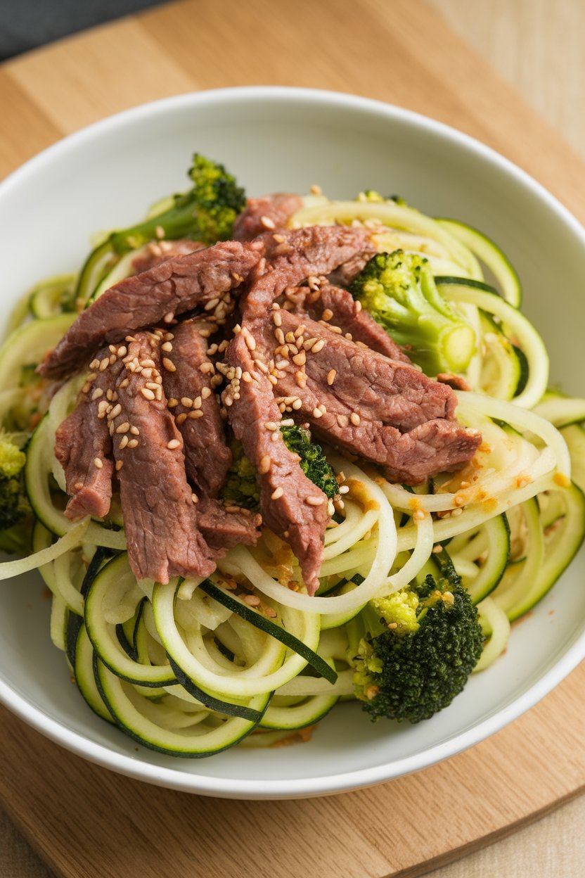 Indoor photo of spiralized zucchini noodles tossed with thin strips of lean beef, broccoli florets, and sesame seeds in a light soy-ginger sauce. No text or logos.
