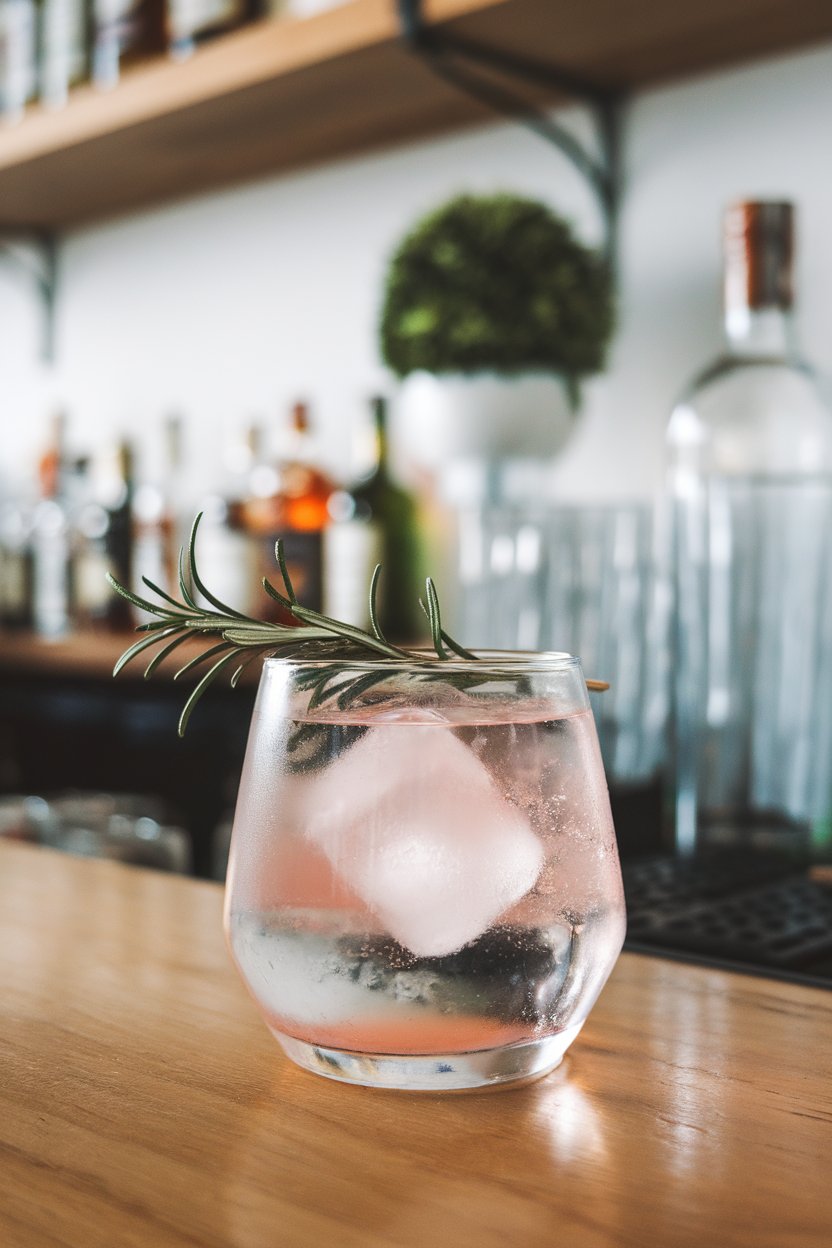 Indoor bar with a rocks glass of pale pink tonic, rosemary sprig garnish, large clear ice cube. No text or logos.
