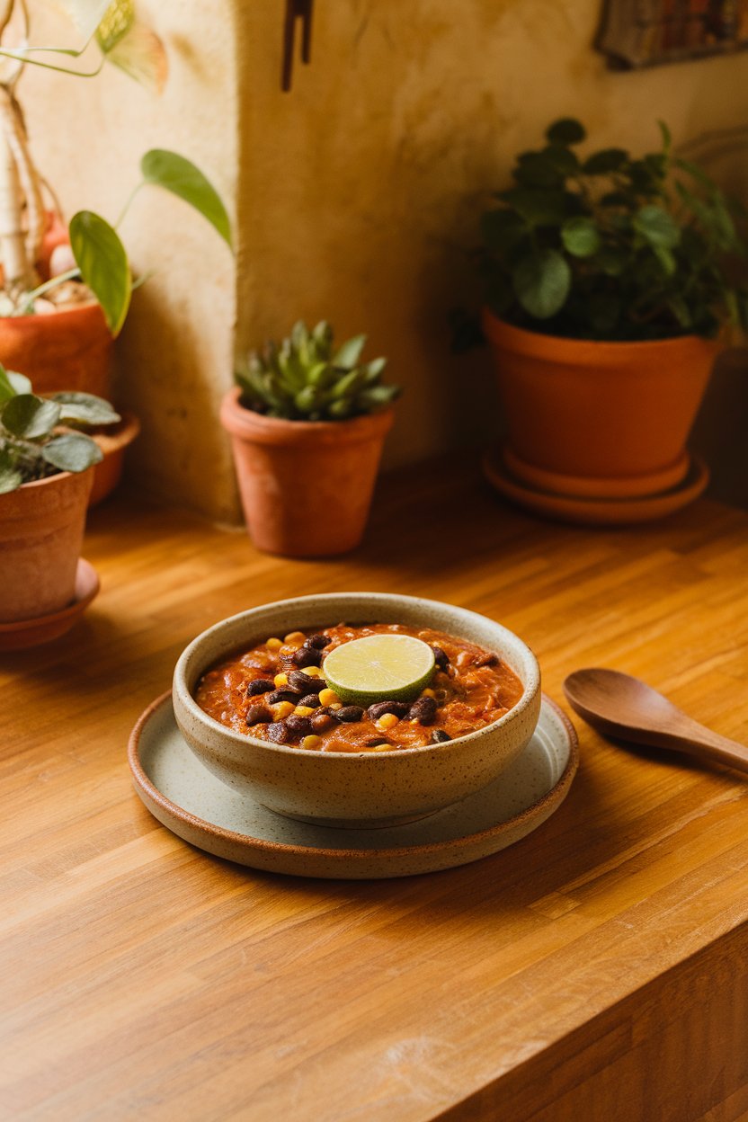 Warmly lit kitchen counter displaying a bowl of smoky chipotle beef stew with black beans and corn, topped with a lime wedge. No text or logos. Photo.