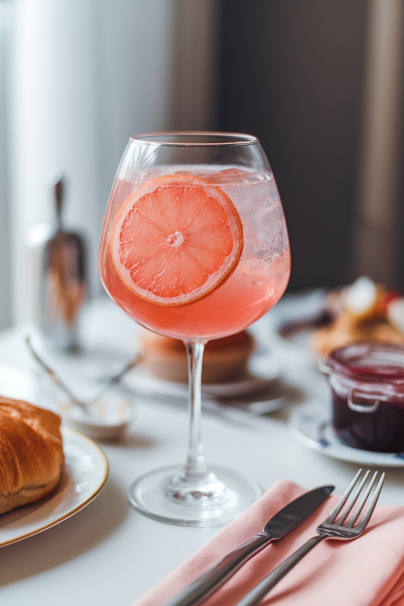 Photo of a stemmed balloon glass indoors with coral-pink spritz, half-moon grapefruit slice, chic brunch table, no text or logos