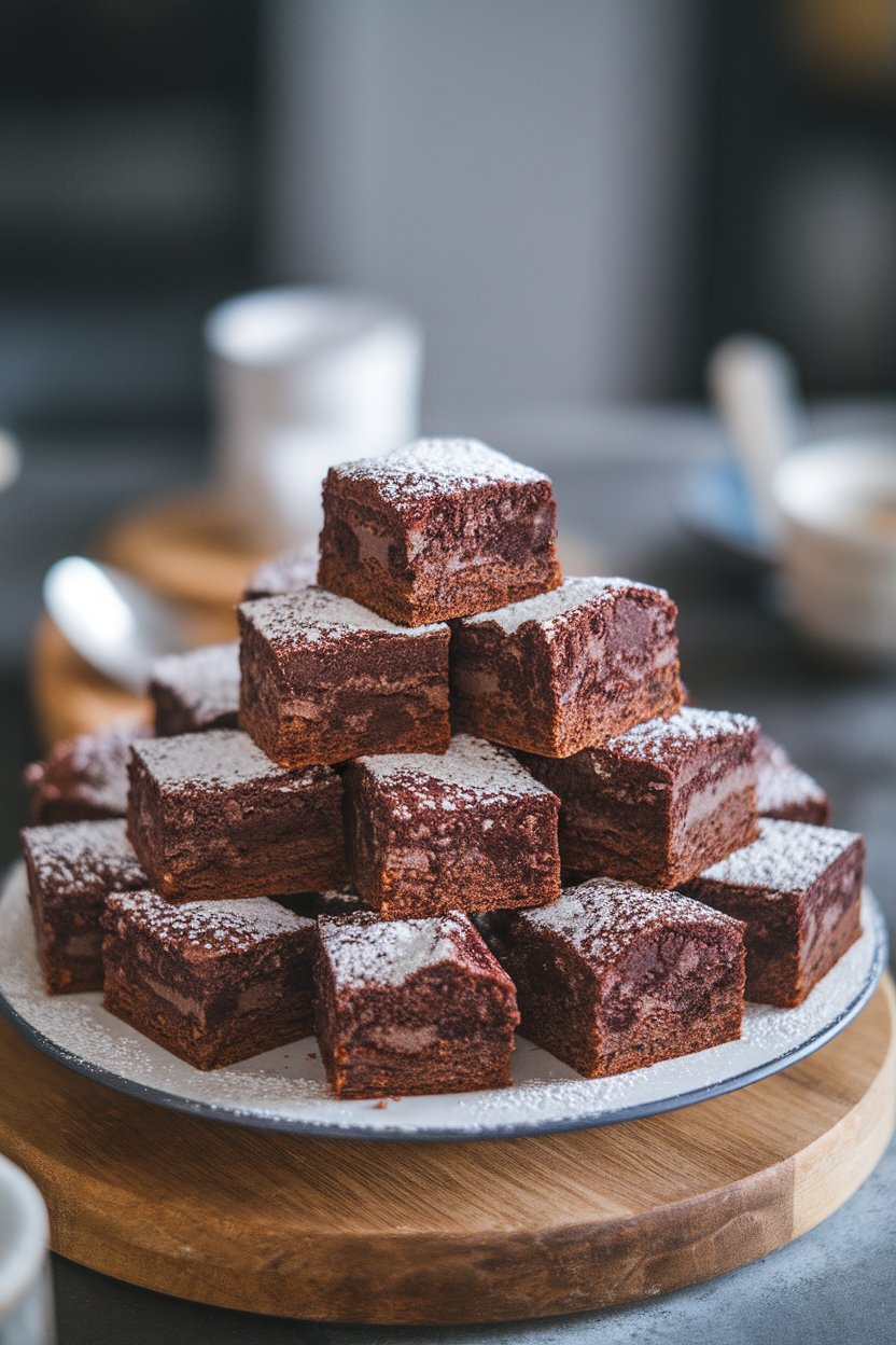 An indoor platter stacked with bite-size fudgy brownies, a light dusting of powdered sugar on top, no logos or text.