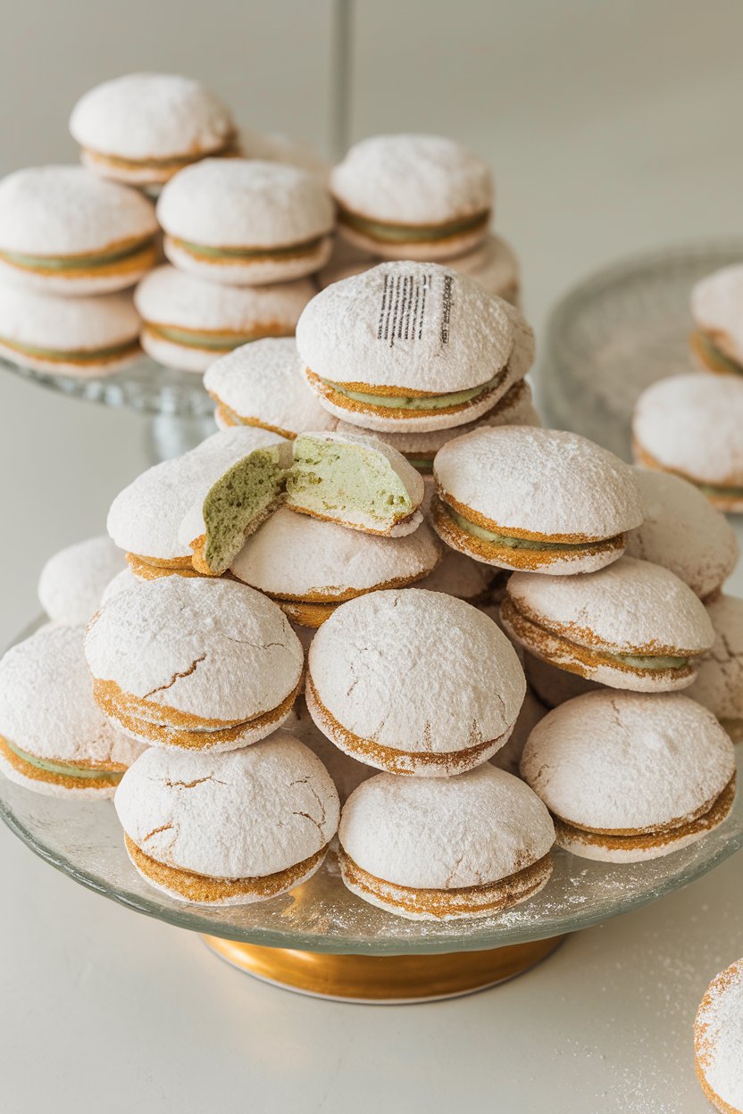 An indoor dessert plate stacked with powdered-sugar-coated round cookies, pale green interior visible in a broken cookie, no text or logos. Photo only.