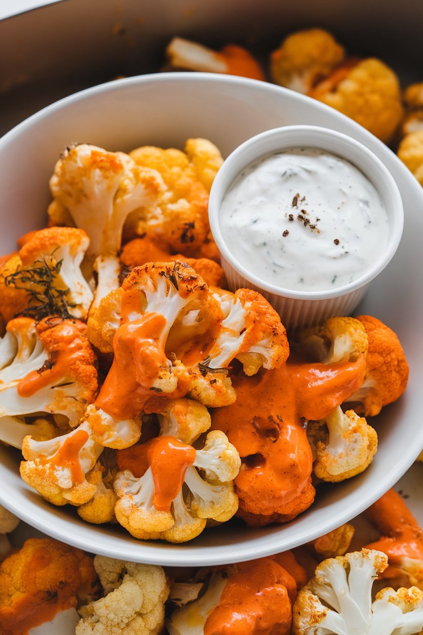 Indoor photo of golden roasted cauliflower florets coated in bright orange buffalo sauce, served in a white bowl with a cup of ranch dip on the side. No text or logos.