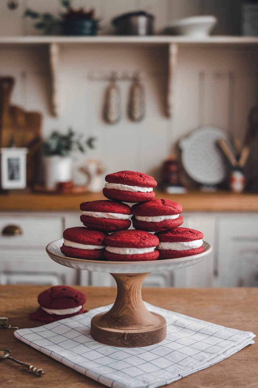 Bite-sized red velvet whoopie pies with marshmallow filling, stacked on a small cake plate inside a cozy kitchen setting. No logos in frame.