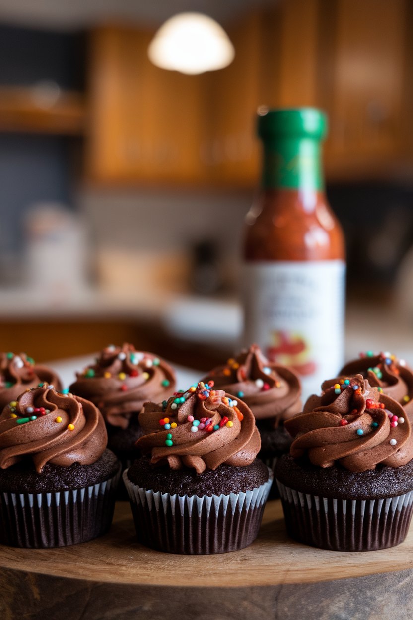 Indoor photo of chocolate cupcakes with red pepper sauce bottle blurred behind, spicy sprinkle on frosting, no text or logos