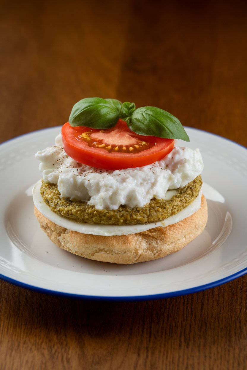 An indoor plate with an open English muffin layered with fluffy egg whites, a smear of basil pesto, and tomato slice. No text or logos present. Photo, not illustration.