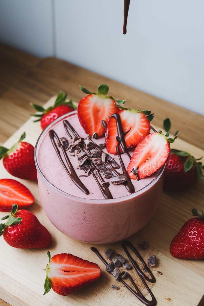 Indoor photo of a pink smoothie bowl garnished with sliced strawberries, cacao nibs, and a drizzle of melted dark chocolate, no text or logos visible