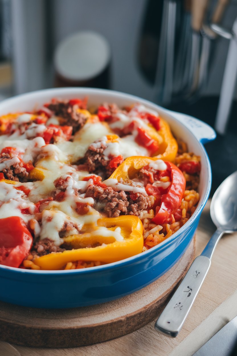 Indoor photo of bell pepper pieces mixed with rice, ground beef, tomatoes, and melted cheese in a casserole dish. No branding visible.