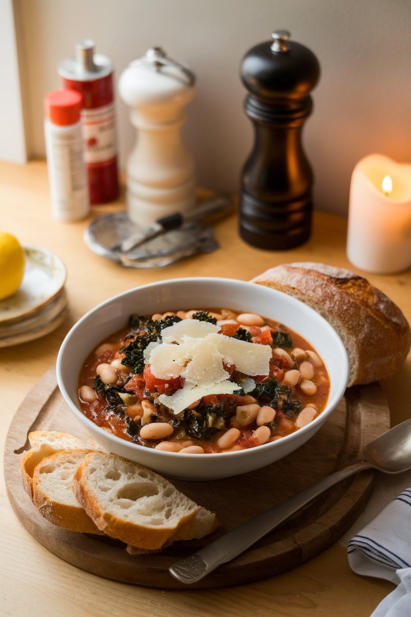 An indoor dining table featuring a bowl of cannellini bean stew with kale and diced tomatoes, topped with shaved Parmesan. No text or logos. Photo only.