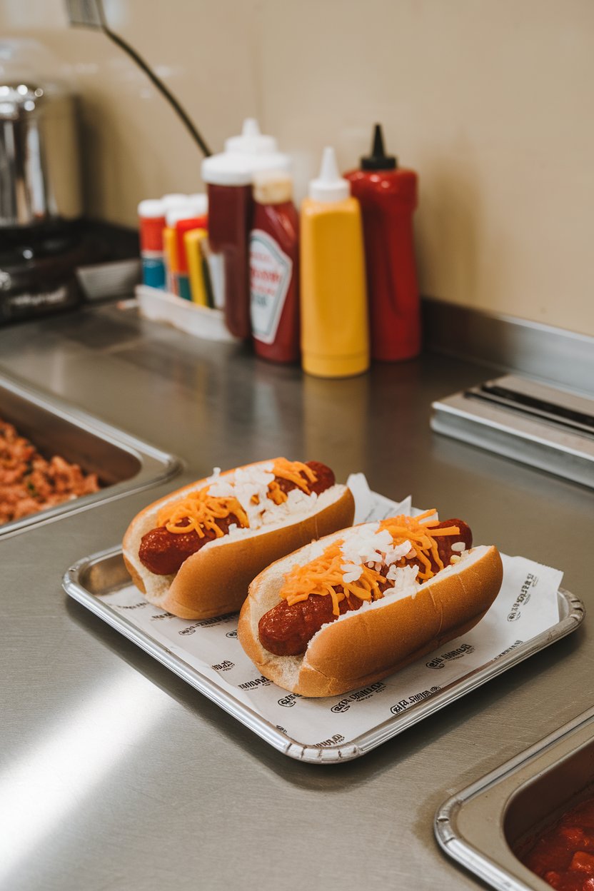 An indoor concession-style counter with two chili dogs in buns, topped with shredded cheese and diced onions. No text or logos visible. Photo, not illustration.