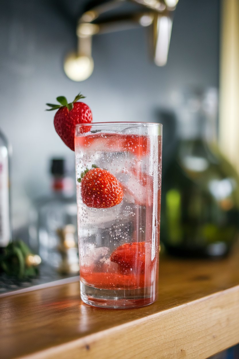 An indoor bar shelf with a slender highball of sparkling strawberry shrub soda, tiny bubbles clinging to the glass, fresh berry on rim. No text or logos. Photo.