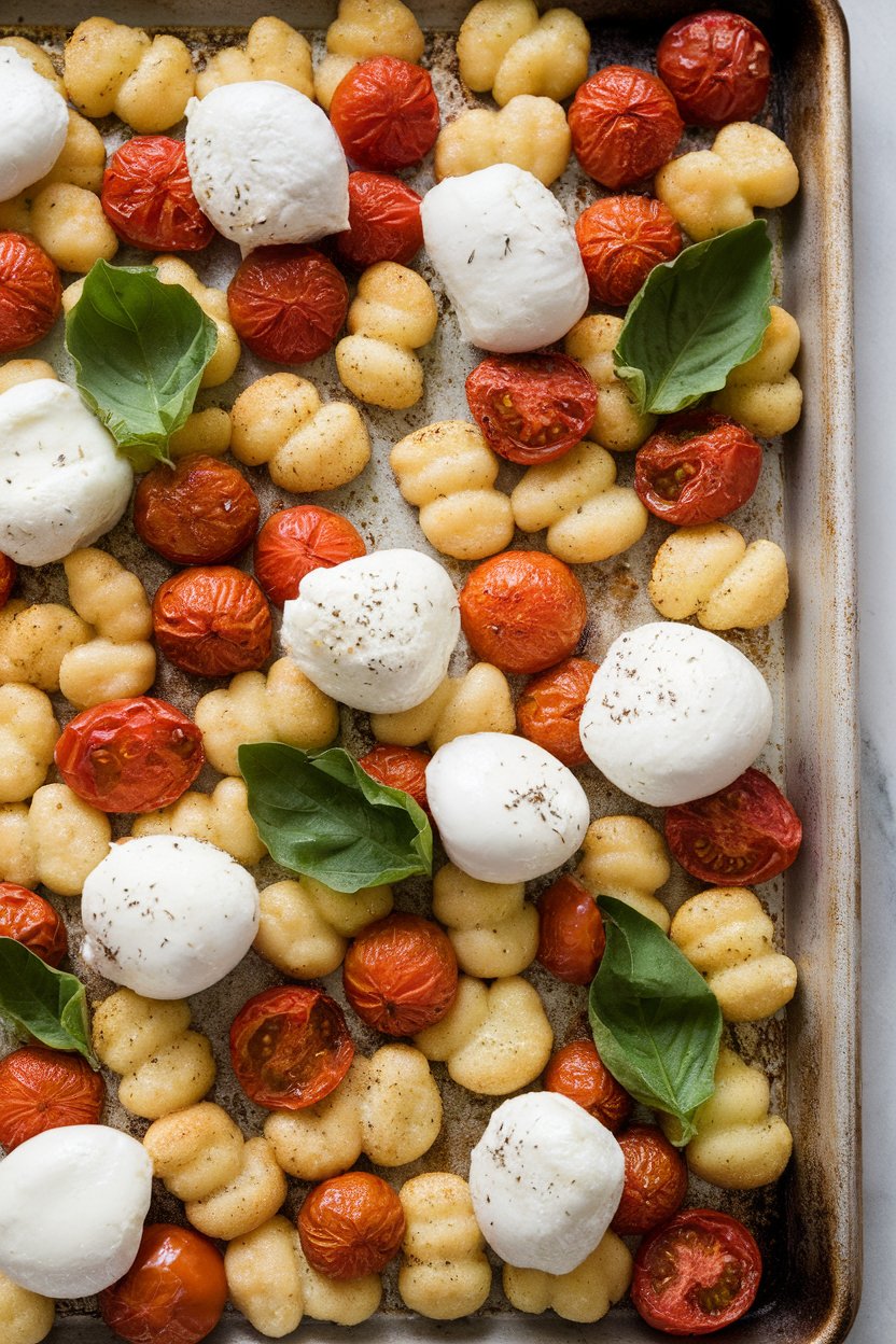 Indoor photo of crispy roasted gnocchi, blistered grape tomatoes, and melted mozzarella pearls on a sheet pan, basil leaves added after baking. No text or logos.