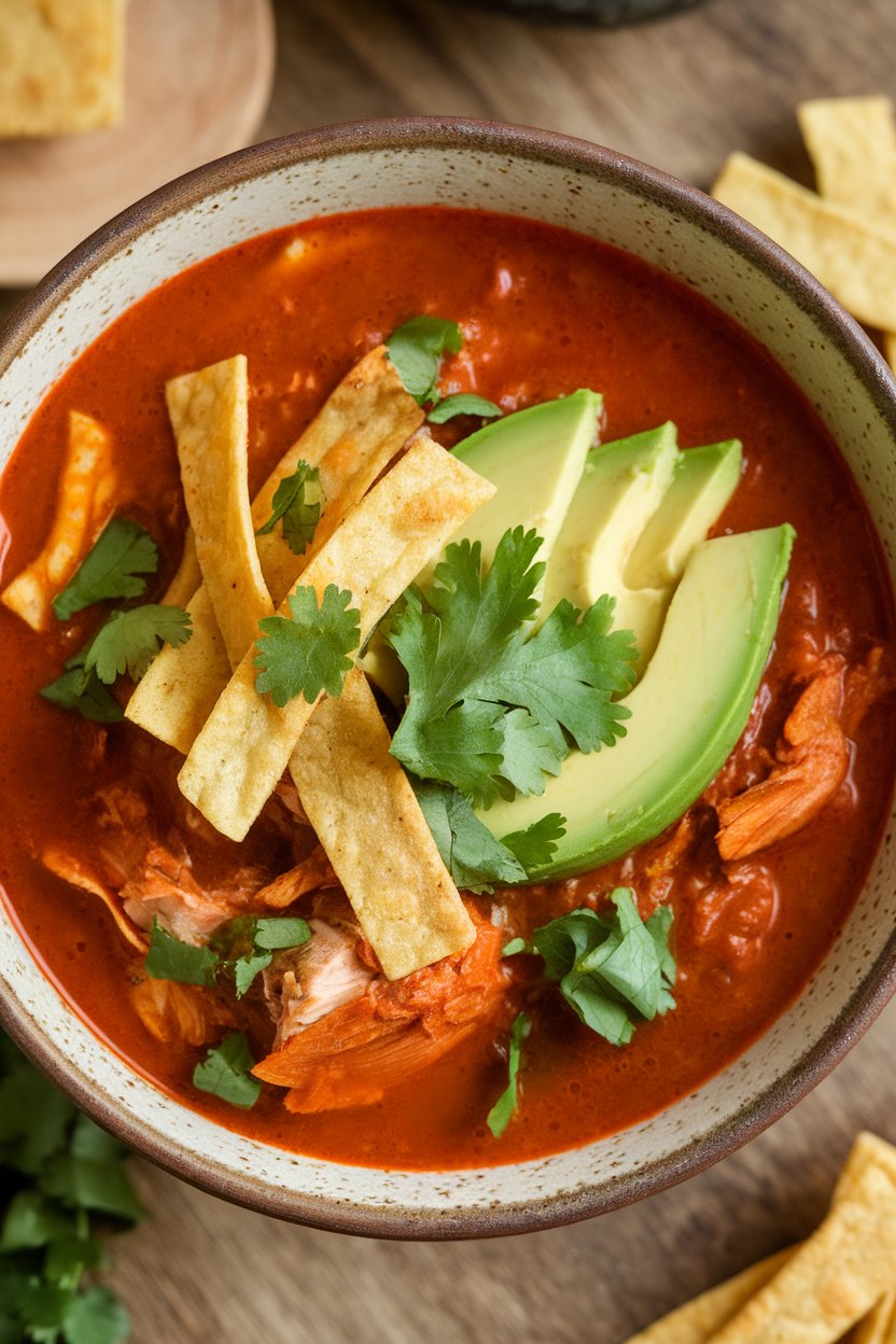 Indoor photo of a red-hued chicken tortilla soup topped with crispy tortilla strips, avocado slices, and cilantro in a rustic bowl. No text or logos. Photo.