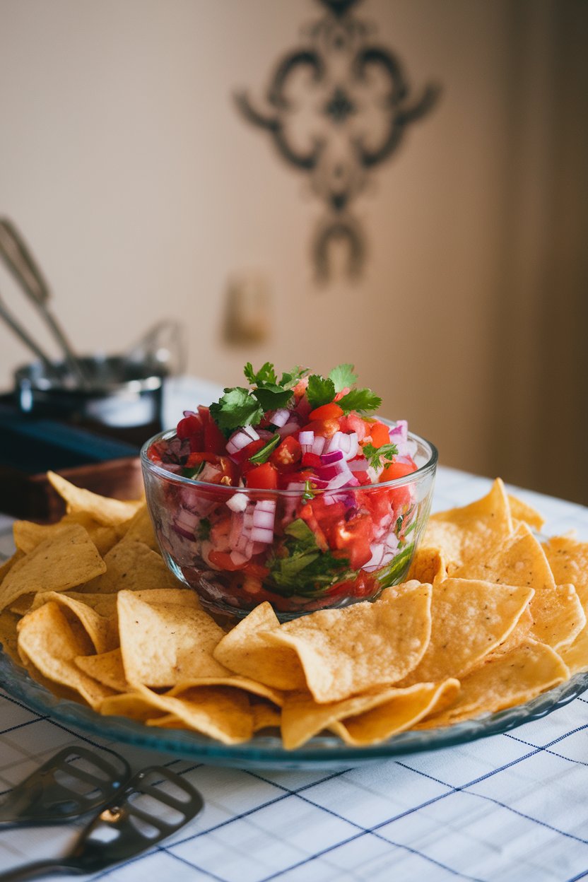 An indoor prep table with a glass bowl of fresh pico de gallo—red tomatoes, white onion, green cilantro—surrounded by tortilla chips. No text or logos.