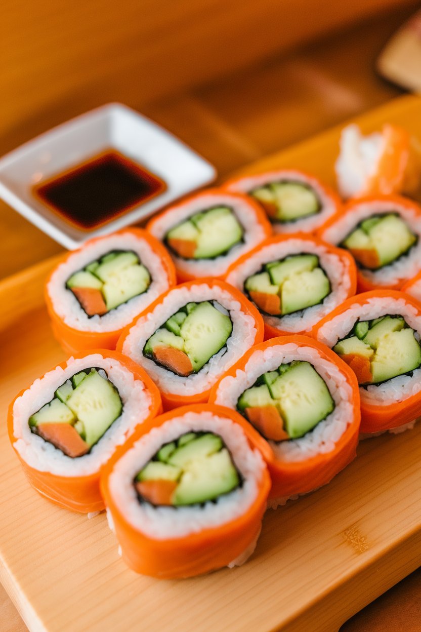 Photo prompt: Indoor sushi board displaying sliced maki filled with avocado, cucumber, and carrot, soy sauce dish nearby. No text or logos. Photo, not illustration.