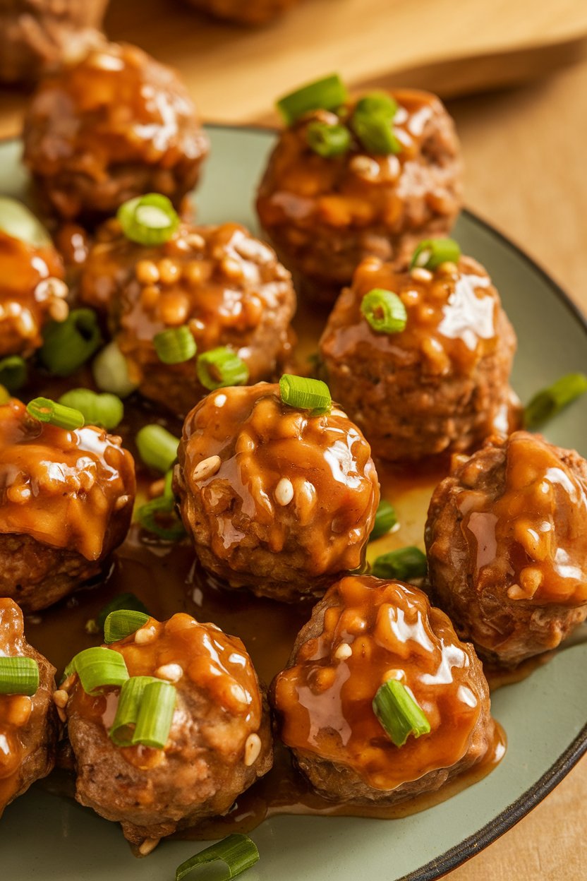 Indoor photo of bite-size meatballs coated in glossy sesame ginger glaze, sprinkled with chopped scallions; no text or logos