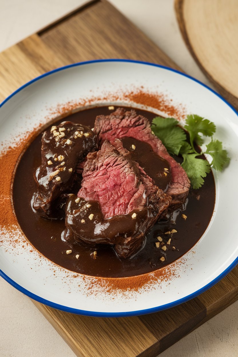 Indoor plate of beef in dark mole-style sauce, sprinkled with cocoa powder and cilantro. No logos or text.