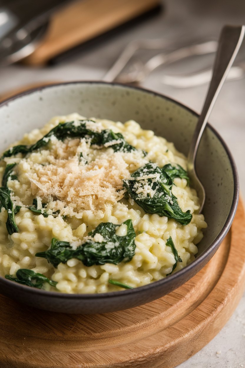 Indoor photo of risotto studded with wilted spinach and topped with grated Parmesan, spoon resting in bowl, no text or logos