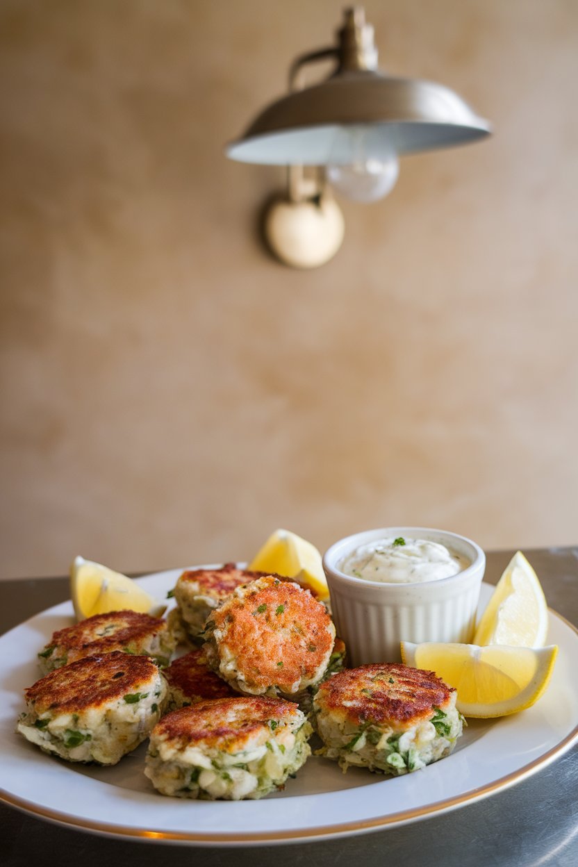 Indoor photo of small golden crab cakes on a plate with lemon wedges and remoulade cup; no text or logos.