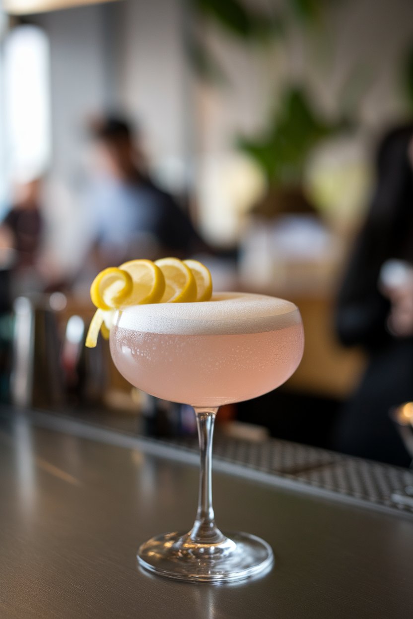 Indoor bar with a coupe of pale pink drink topped with fizzing bubbles, lemon spiral resting on foam, no text or logos, photo