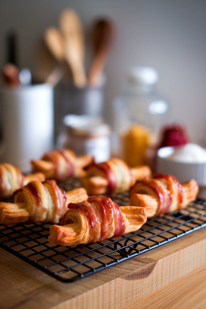 Indoor cooling rack with baked puff pastry bacon twists glazed with maple, no text or logos