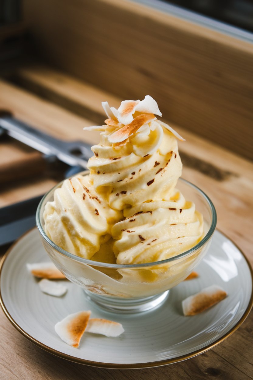 Indoor photo of a bowl of creamy pineapple nice cream garnished with toasted coconut flakes on a dessert plate. No text or logos.