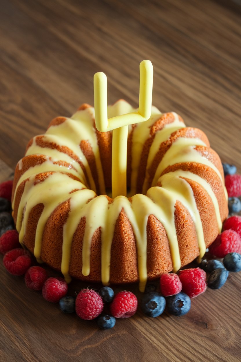 An indoor table showing a golden Bundt cake drizzled in yellow glaze with a small fondant goal post inserted in the center hole—no text or logos.