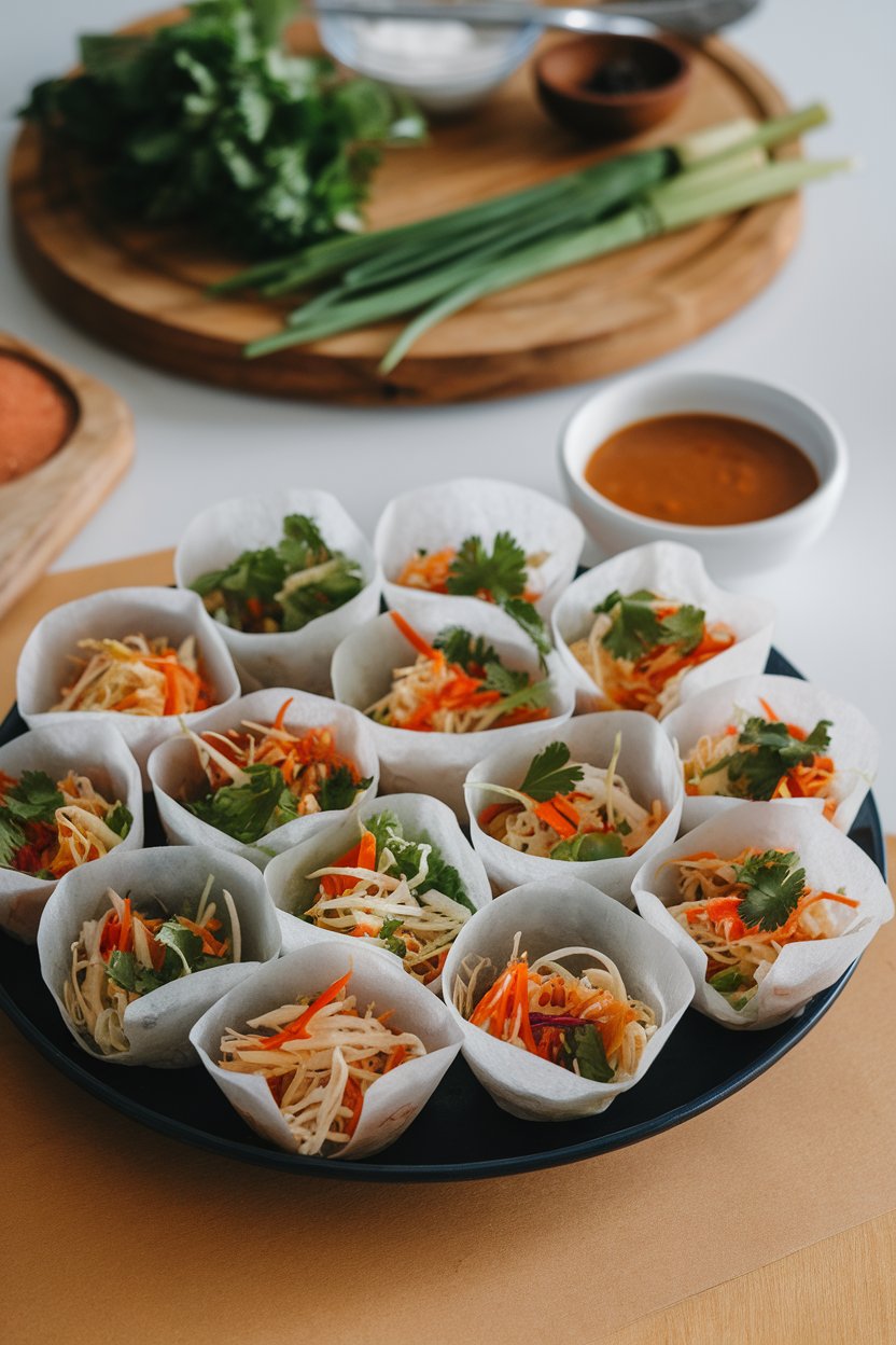 Indoor platter of rice paper cups filled with shredded veggies and herbs, a small bowl of peanut sauce nearby. No text or logos.