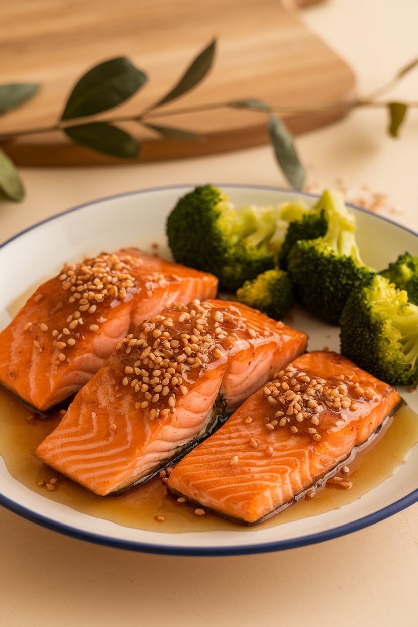 Warm indoor shot of a platter holding cooked salmon fillets glazed with honey-garlic sauce, sprinkled with sesame seeds, steamed broccoli on the side. No text or logos present.