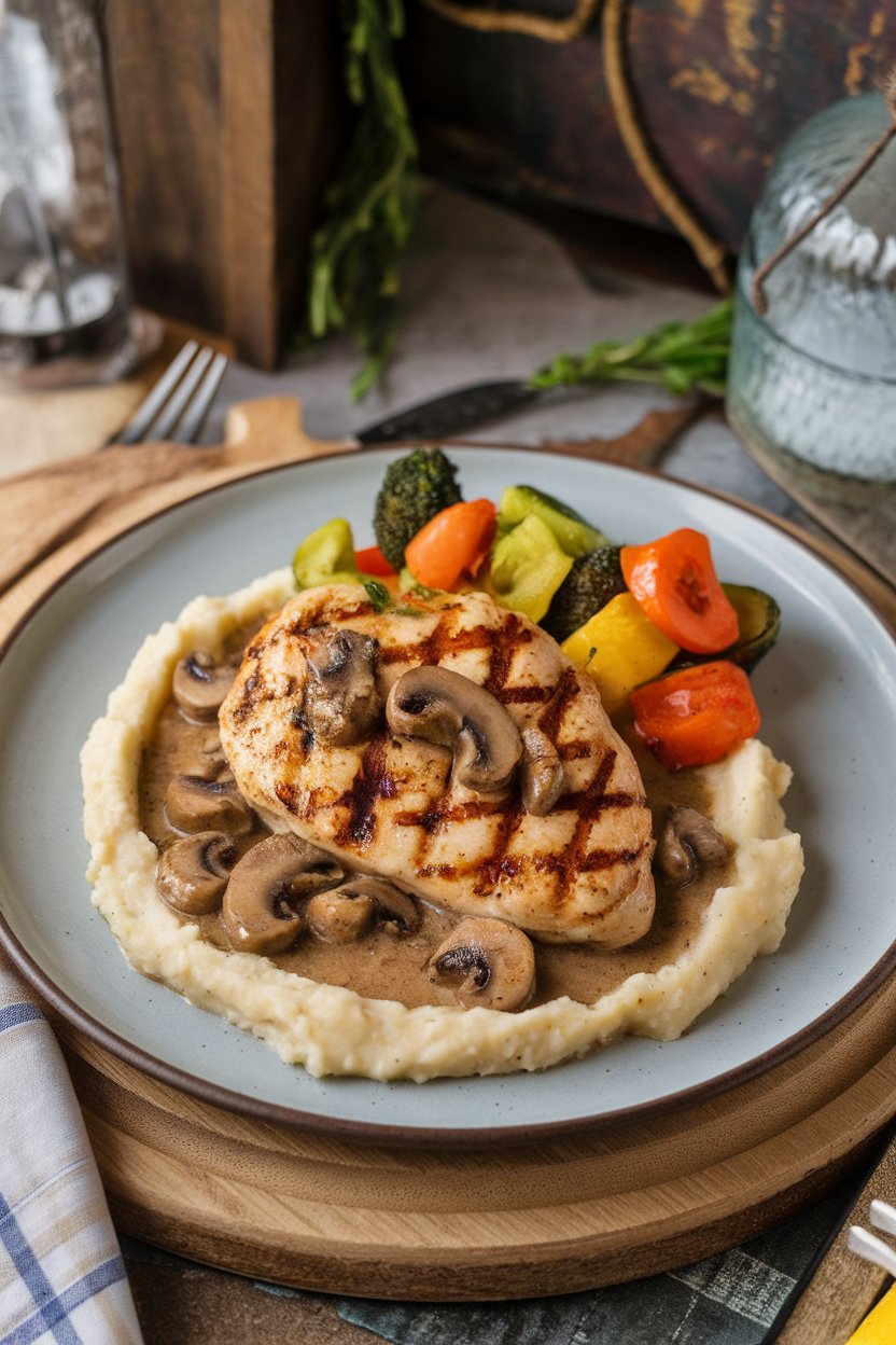 Indoor dinner plate of chicken in marsala mushroom sauce over mashed potatoes, steam visible. No text or logos.
