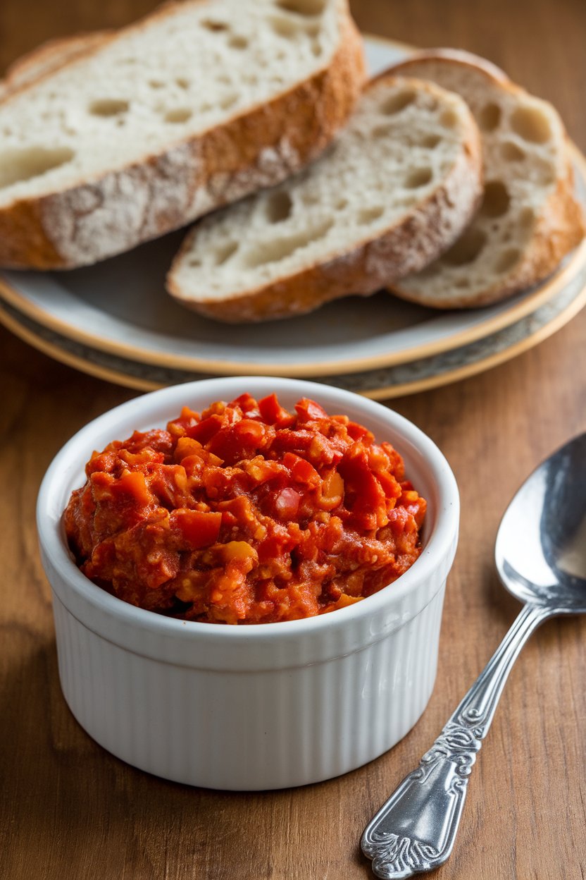 Indoor ramekin of chunky red pepper tapenade with spoon, baguette slices beside, no text or logos