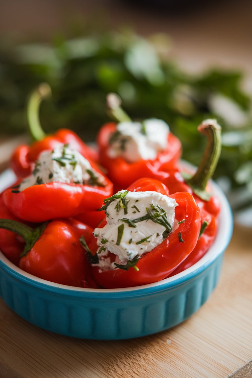Indoor close-up of bright red peppadew peppers stuffed with herby goat cheese, arranged in a small dish. Photo, no text or logos.